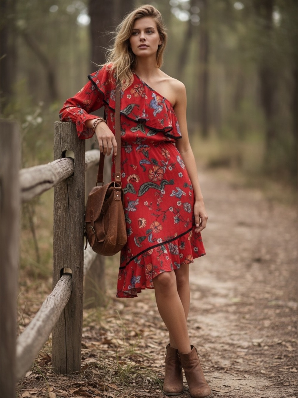 Love Sam Red Floral One‎ Shoulder Asymmetrical Ruffle Dress XS Boho Viscose